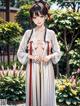 A woman in a white kimono standing in a garden.