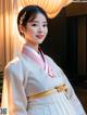 A woman in a white hanbok is posing for a picture.