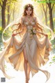 A woman in a wedding dress walking through a forest.